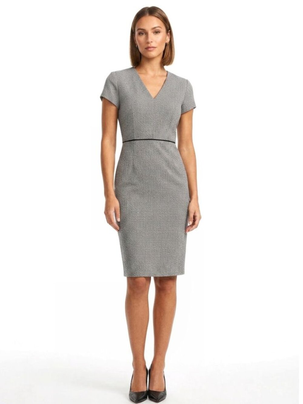 Hugo Boss Micro Pattern VNeck Short Sleeve Sheath Dress Gray Black Womens Size 8